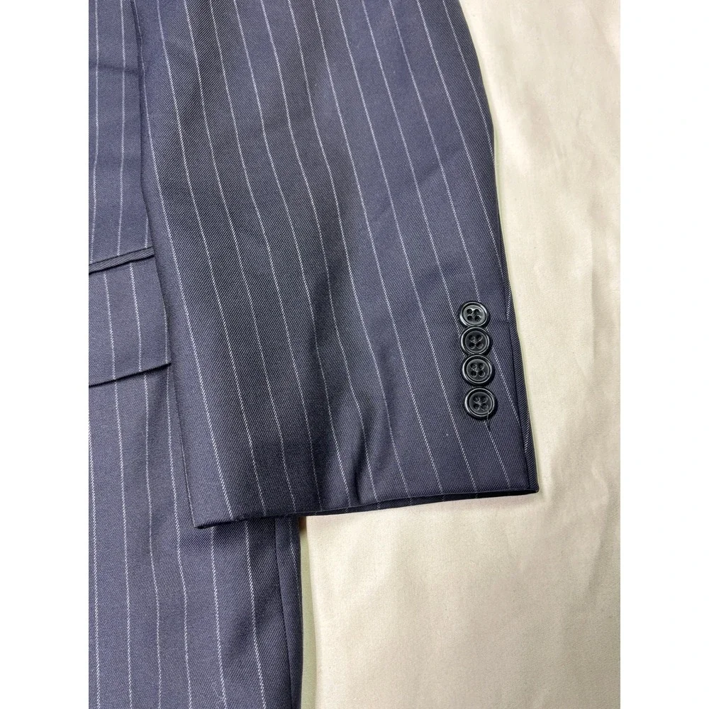 Hickey Freeman x Loro Piana Pinstripe Suit Navy Wool Mens 44R W36 L27 USA